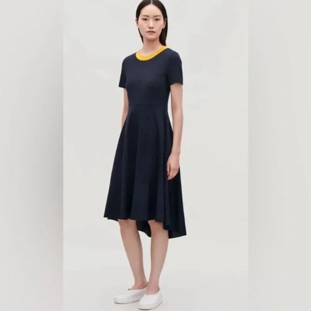 COS Navy Blue and Yellow Preppy Twee Modern Crew Neck Jersey Midi Dress, Size XS